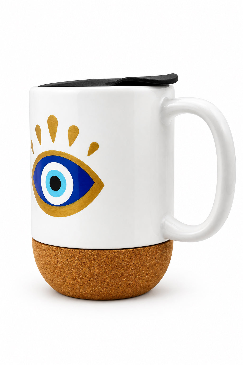 Turkish Eye Ceramic Mug w/Cork Base & Plastic Lid - 15oz