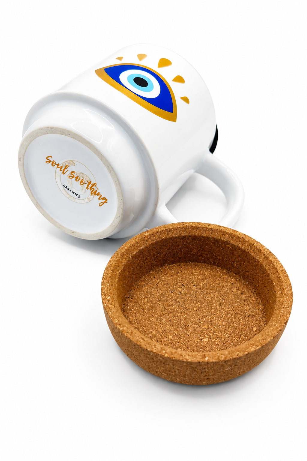 Turkish Eye Ceramic Mug w/Cork Base & Plastic Lid - 15oz