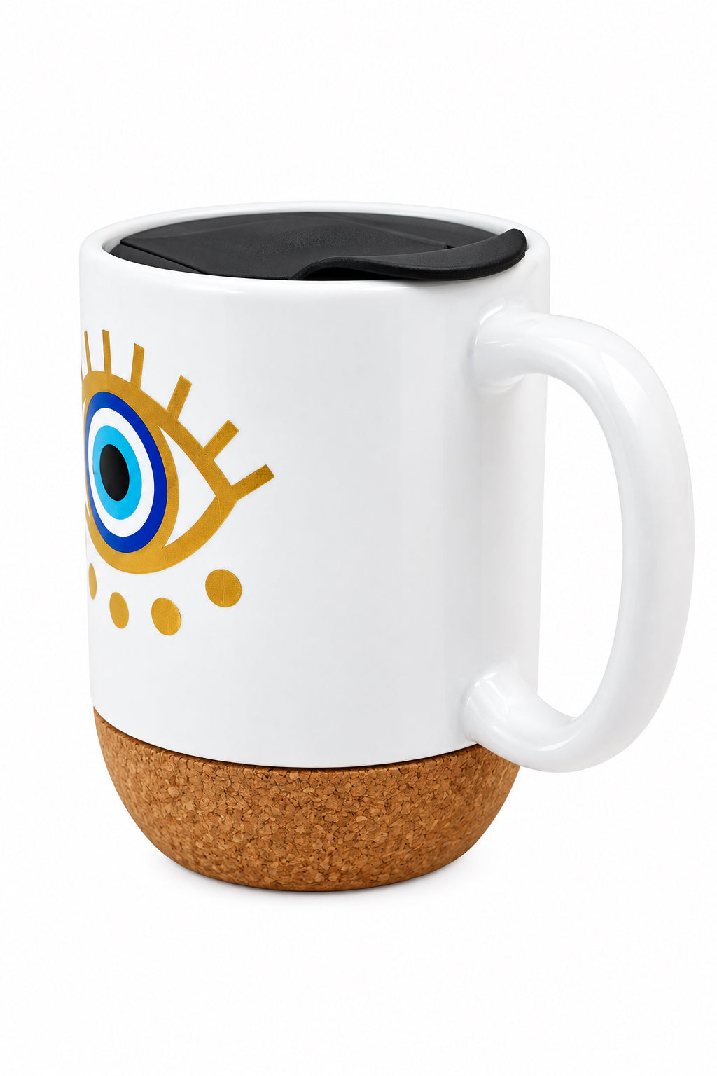 Turquoise Blue Eye Ceramic Mug w/ Cork Base & Plastic Lid