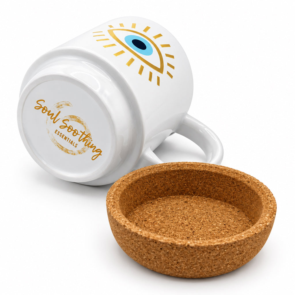 Bright Blue Eyes Ceramic Mug W/ Cork Base & Plastic Lid - 15oz