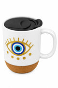 Turquoise Blue Eye Ceramic Mug w/ Cork Base & Plastic Lid