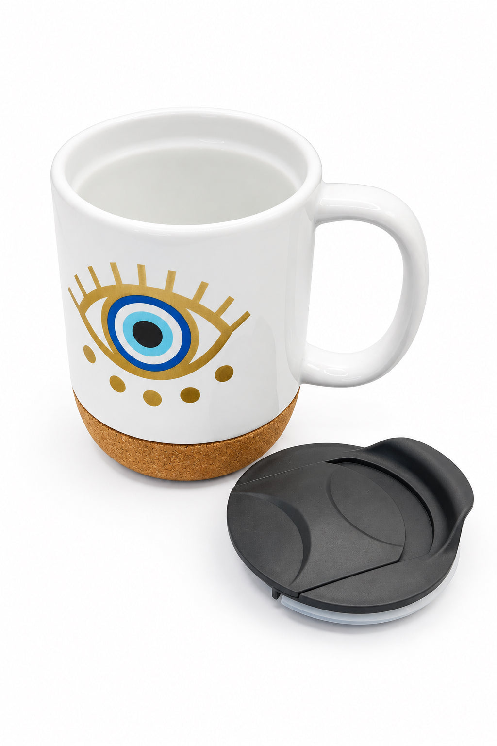 Turquoise Blue Eye Ceramic Mug w/ Cork Base & Plastic Lid