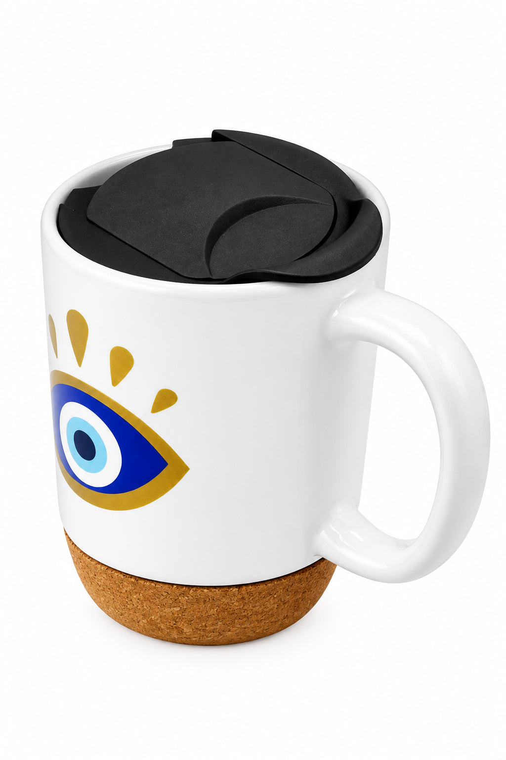 Turkish Eye Ceramic Mug w/Cork Base & Plastic Lid - 15oz