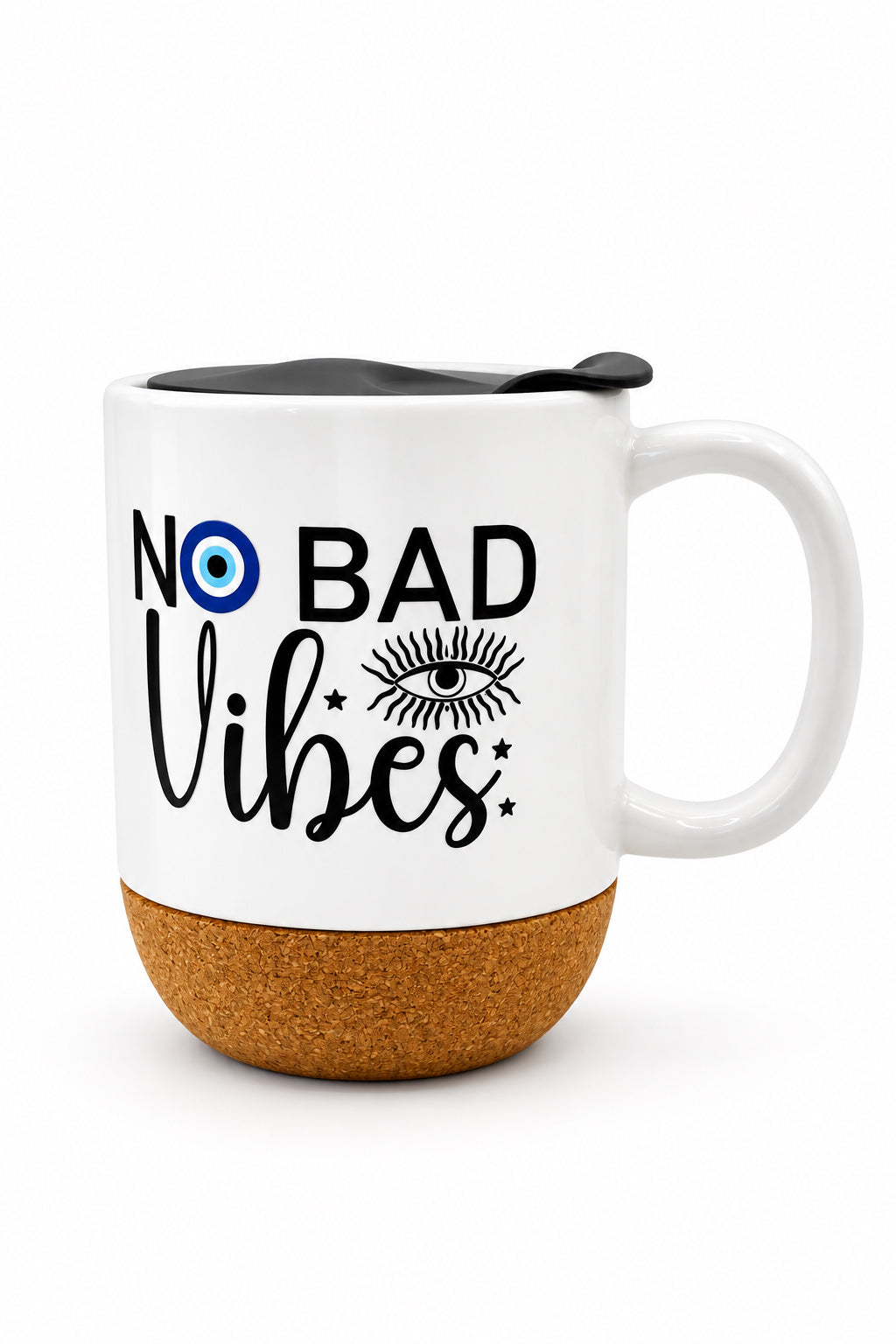 No Bad Vibes Ceramic Mug w/Cork Base & Plastic Lid - 15oz