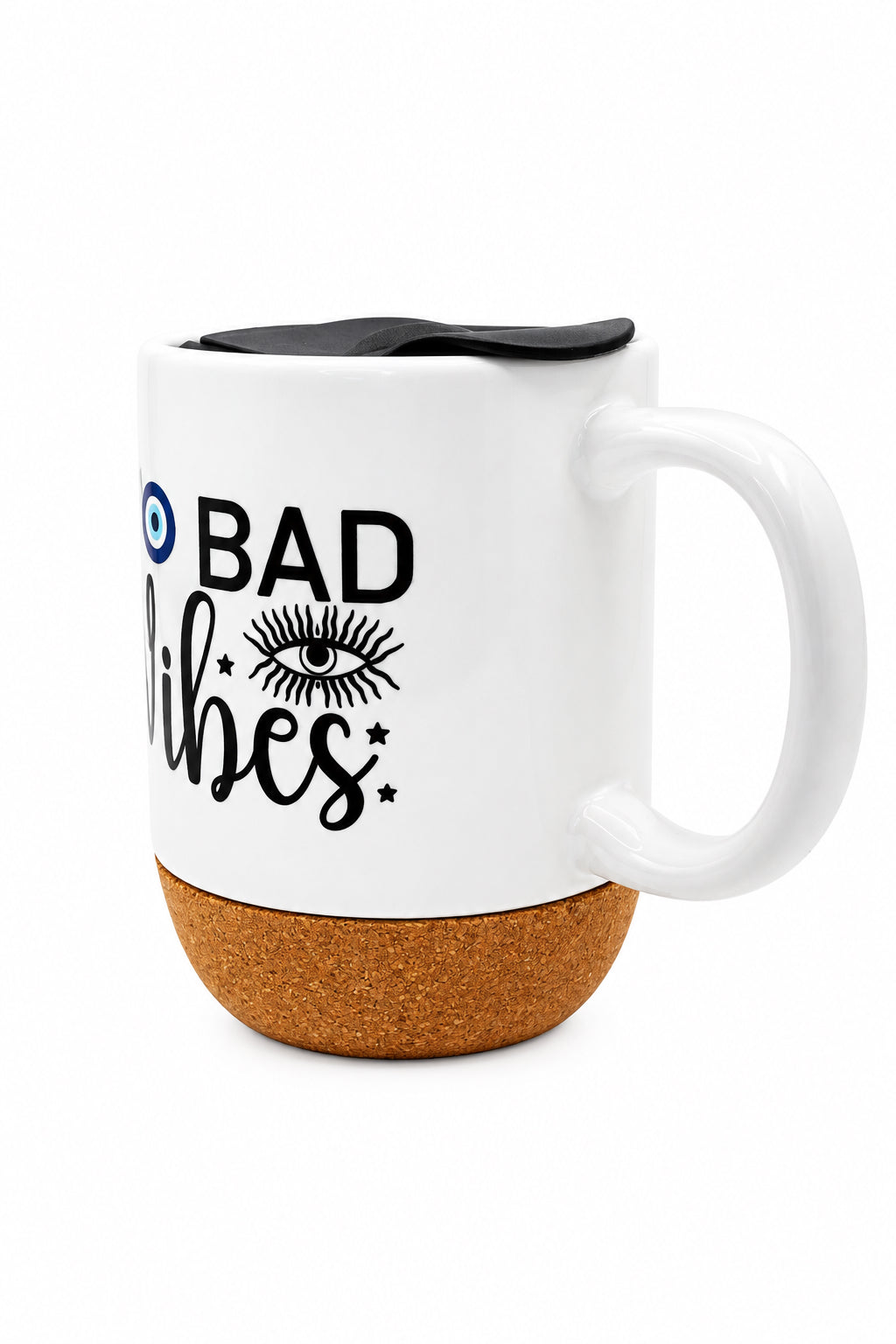 No Bad Vibes Ceramic Mug w/Cork Base & Plastic Lid - 15oz