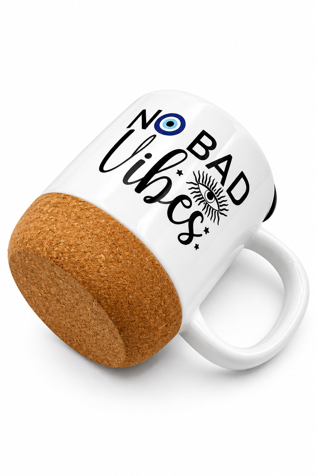 No Bad Vibes Ceramic Mug w/Cork Base & Plastic Lid - 15oz