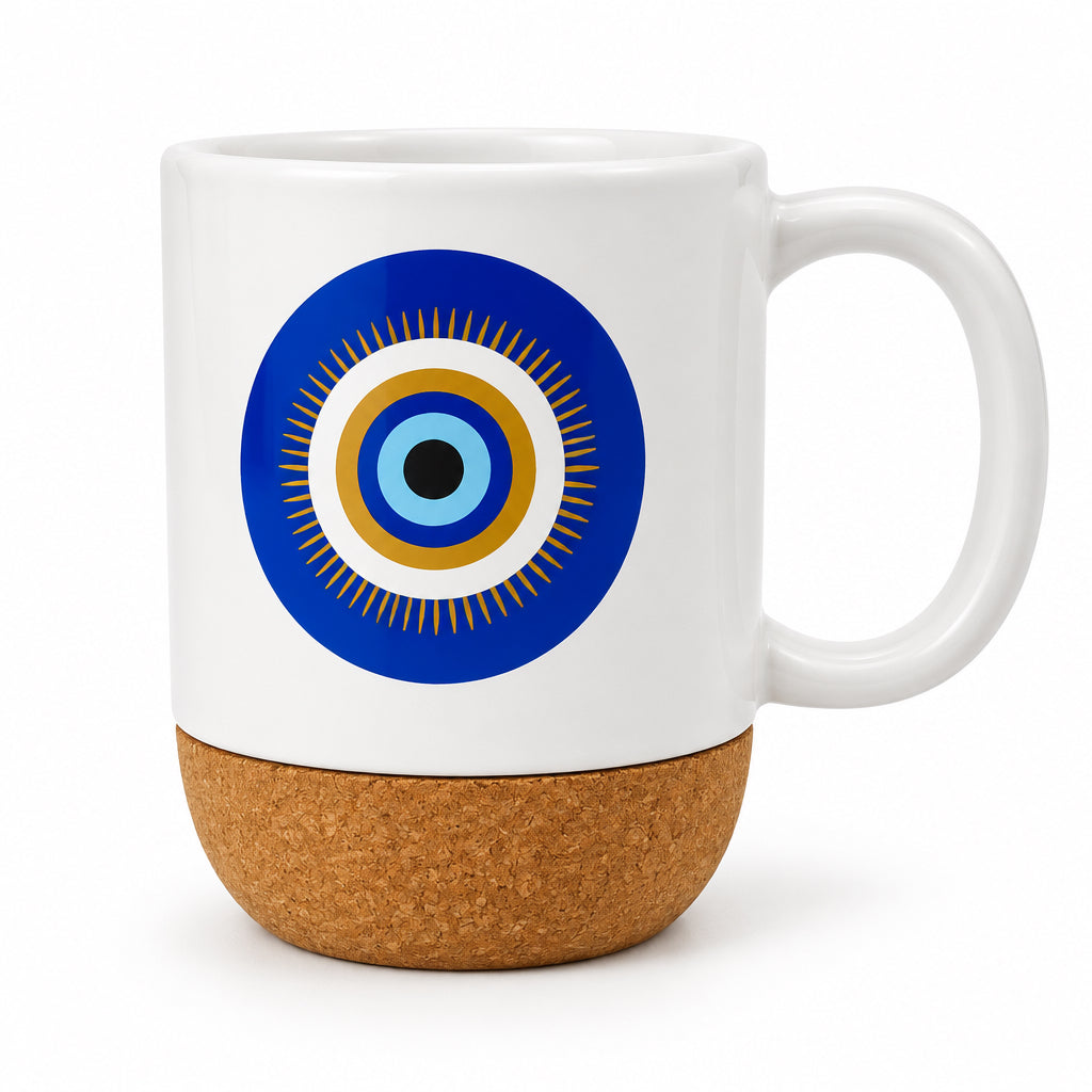 Blue Eye Ceramic Mug with Cork Base & Plastic Lid - 15oz