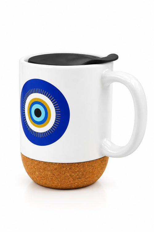 Blue Eye Ceramic Mug with Cork Base & Plastic Lid - 15oz