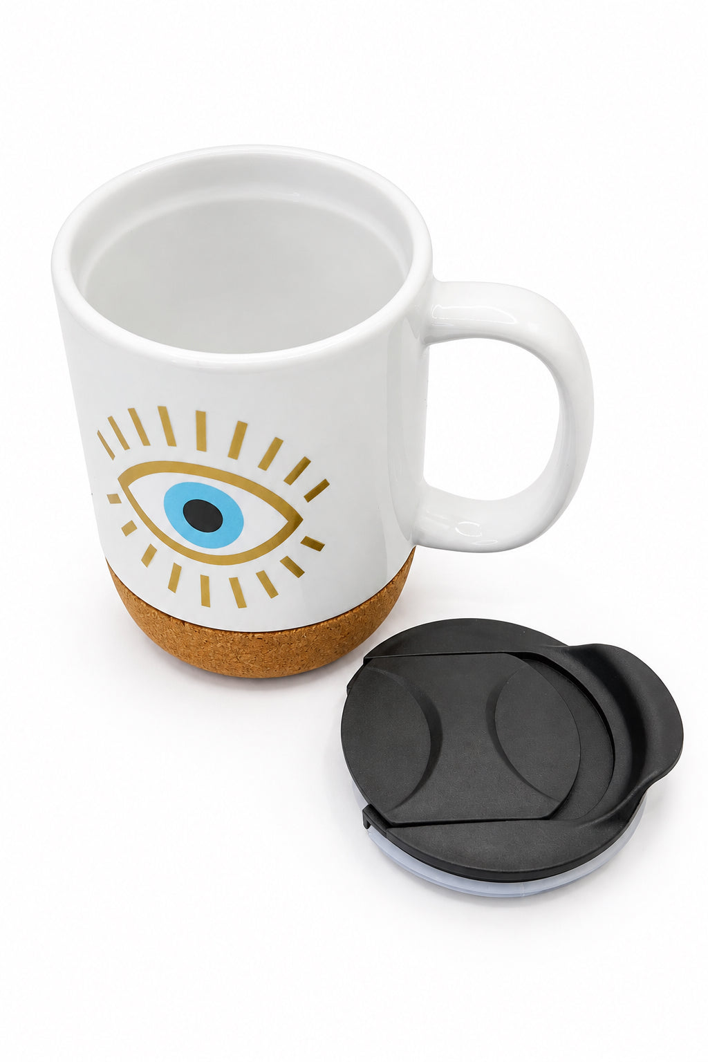 Bright Blue Eyes Ceramic Mug W/ Cork Base & Plastic Lid - 15oz