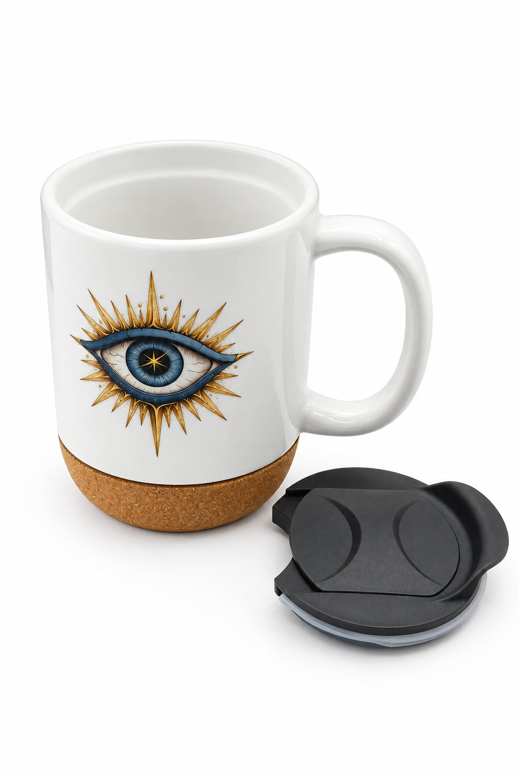 Bright Eye Ceramic Mug with Cork Base & Plastic Lid - 15oz