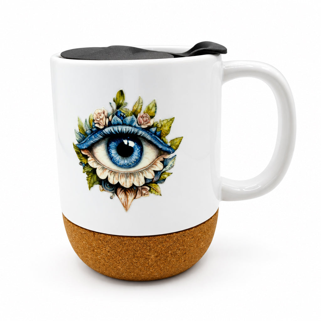 Flower Eye Ceramic Mug w/Cork Base & Plastic Lid - 15oz