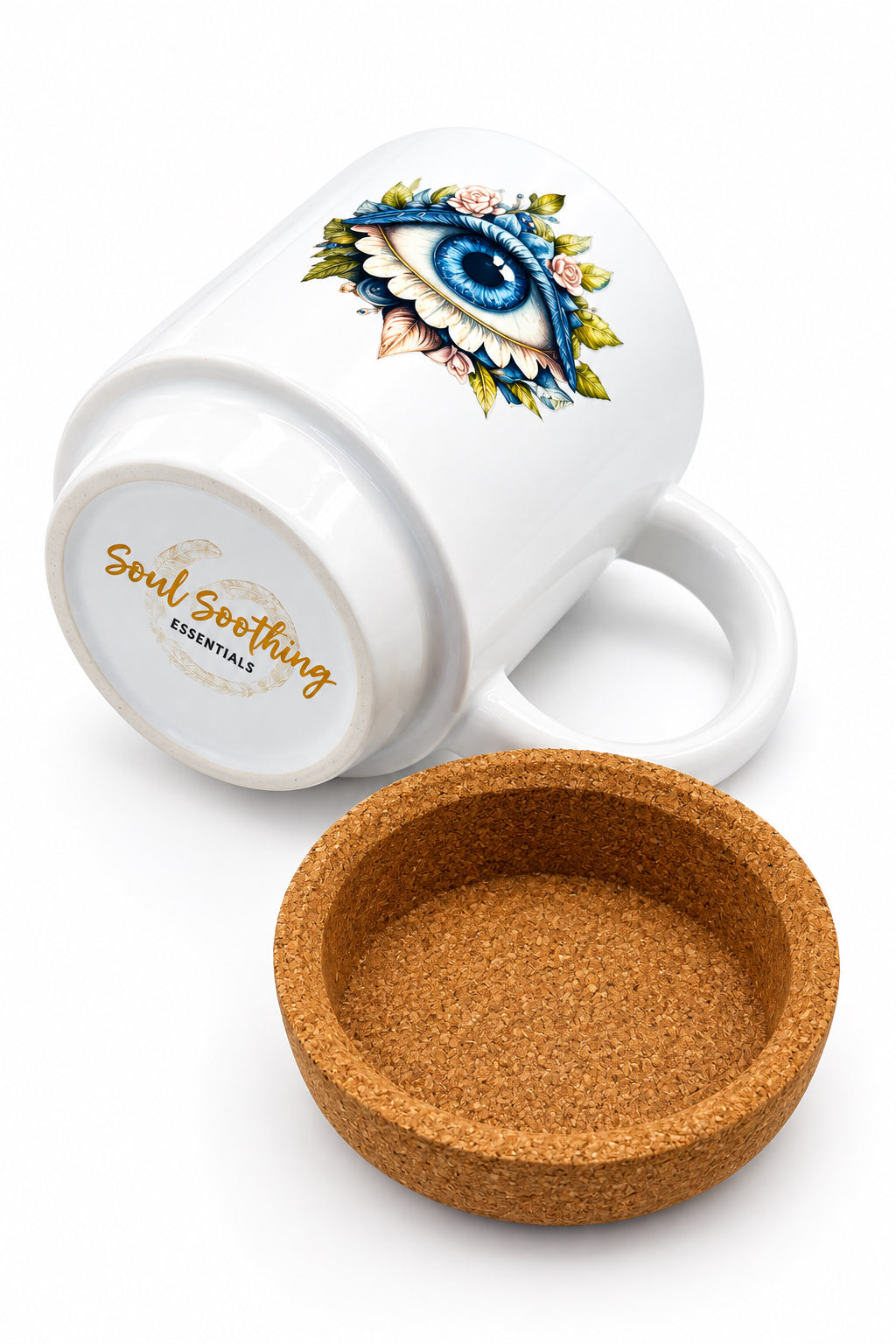 Flower Eye Ceramic Mug w/Cork Base & Plastic Lid - 15oz