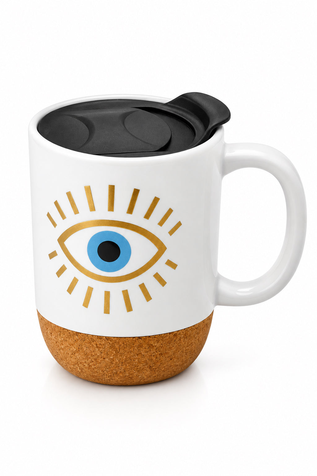 Bright Blue Eyes Ceramic Mug W/ Cork Base & Plastic Lid - 15oz