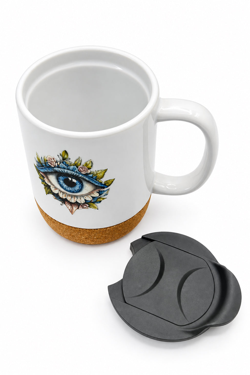 Flower Eye Ceramic Mug w/Cork Base & Plastic Lid - 15oz