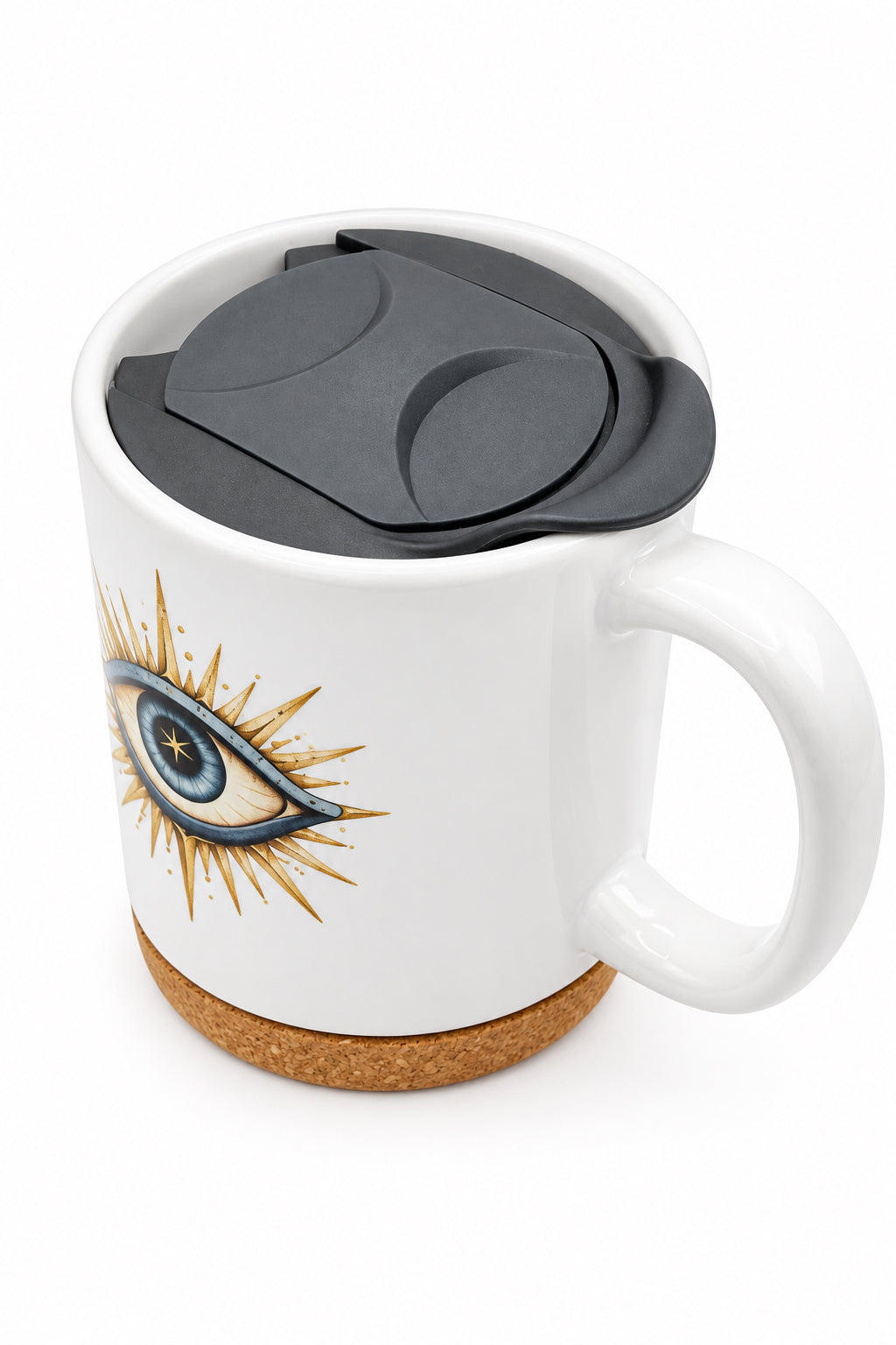Bright Eye Ceramic Mug with Cork Base & Plastic Lid - 15oz